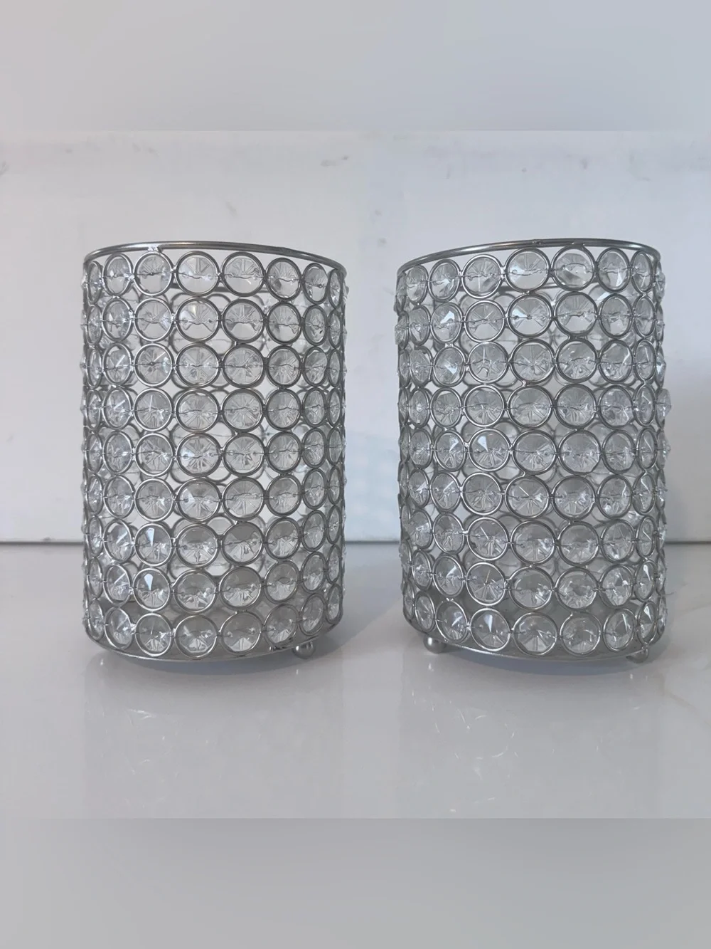 Home Essentials Clear Crystal Mesh Silver Candle Holders 7 Inches - Set of 2
